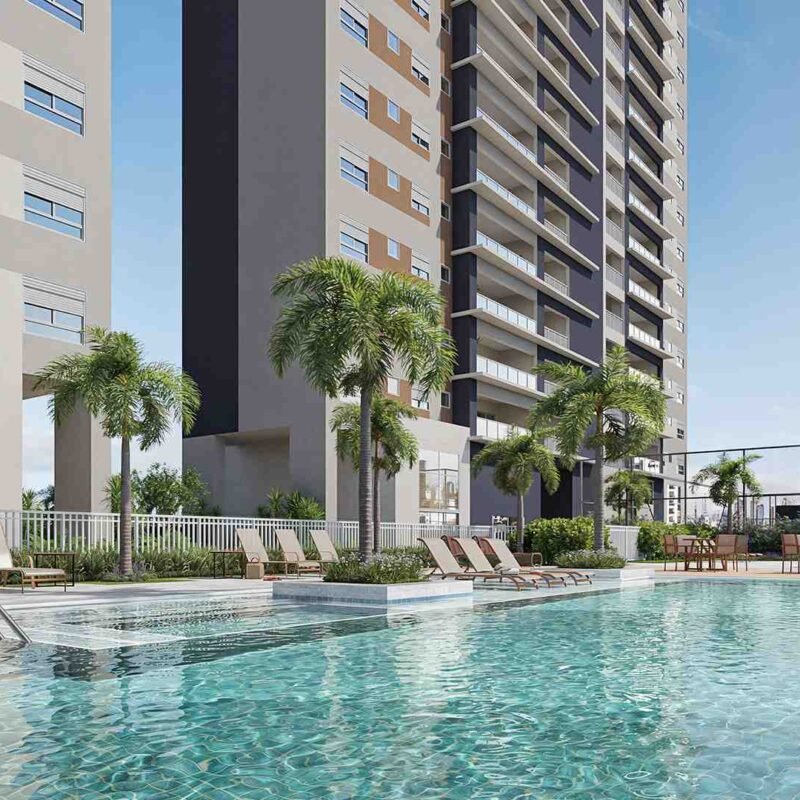 Piscina com spa e deck molhado